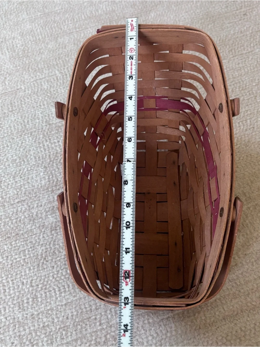 Longaberger 1991 Natural Wood Basket with Raspberry Accent